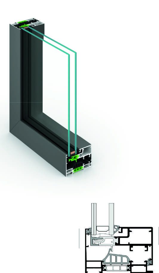 Cutaway 3D section of an 85 mm thermally broken window frame with its double glazing unit, above the 2D profile section