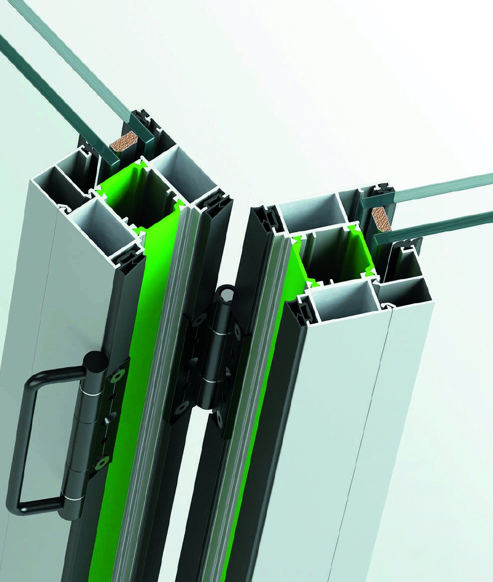 Cutaway 3D section of the YFD2008 folding door profiles at the hinge