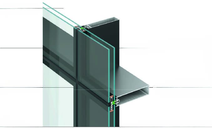 Cutaway section of a curtain wall mullion and transom with the glass unit and pressure plate