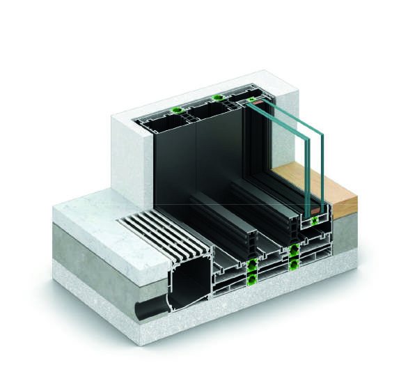 Cutaway section of a minimal sliding threshold showing the flat sill, drainage channel and floor build-up