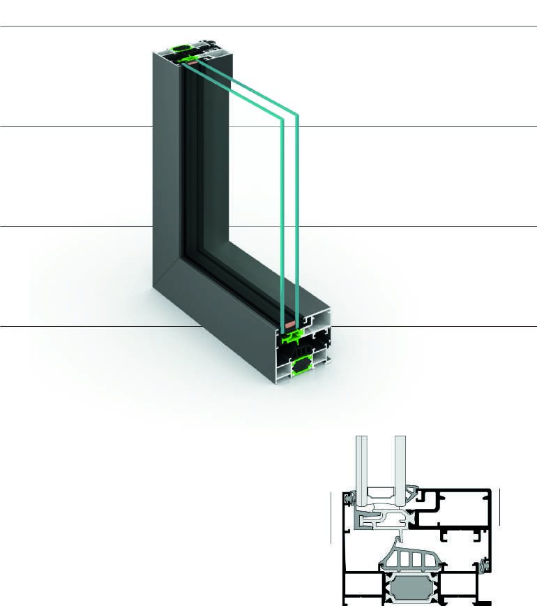 Cutaway section of a window frame showing the sealed insulating glass unit in the glazing rebate