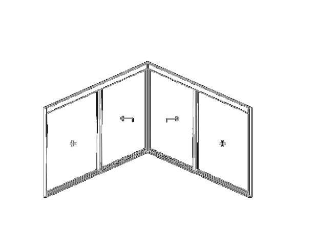 Line drawing of a four-leaf folding door opening around a corner