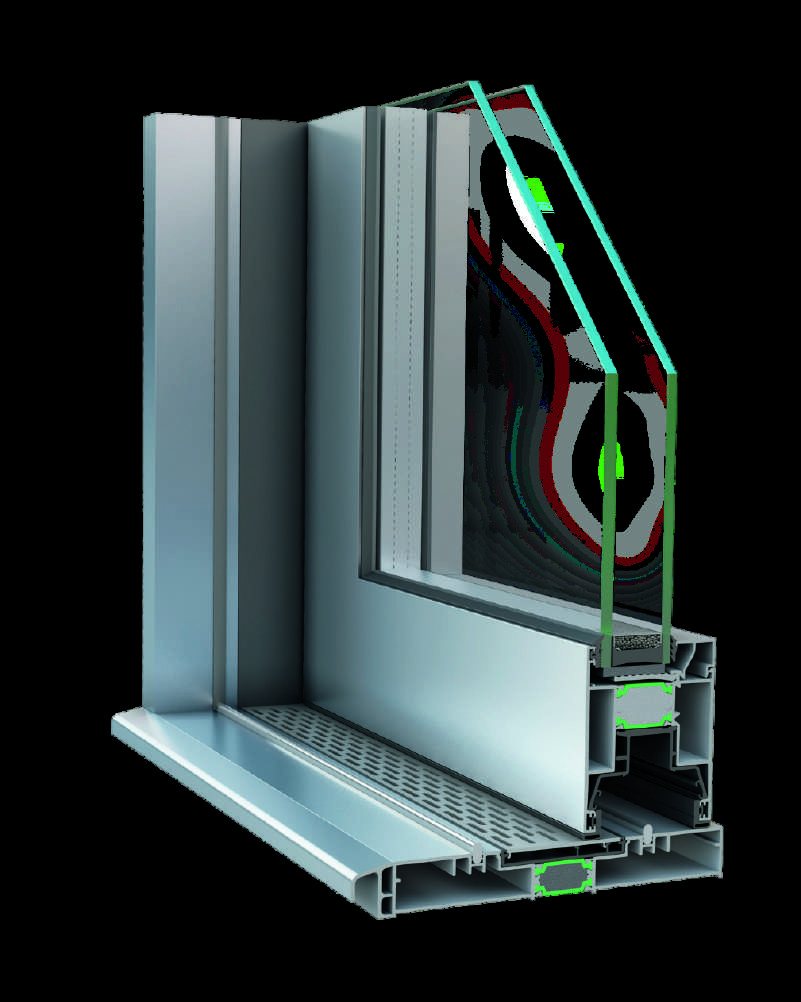 Cutaway 3D section of the YSL1006 lift-and-slide track and sash with its glazing unit