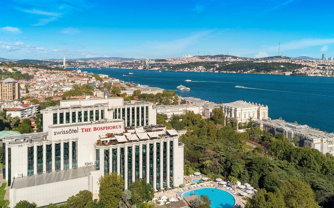 Aerial view of Swissôtel The Bosphorus above the Bosphorus strait in Istanbul