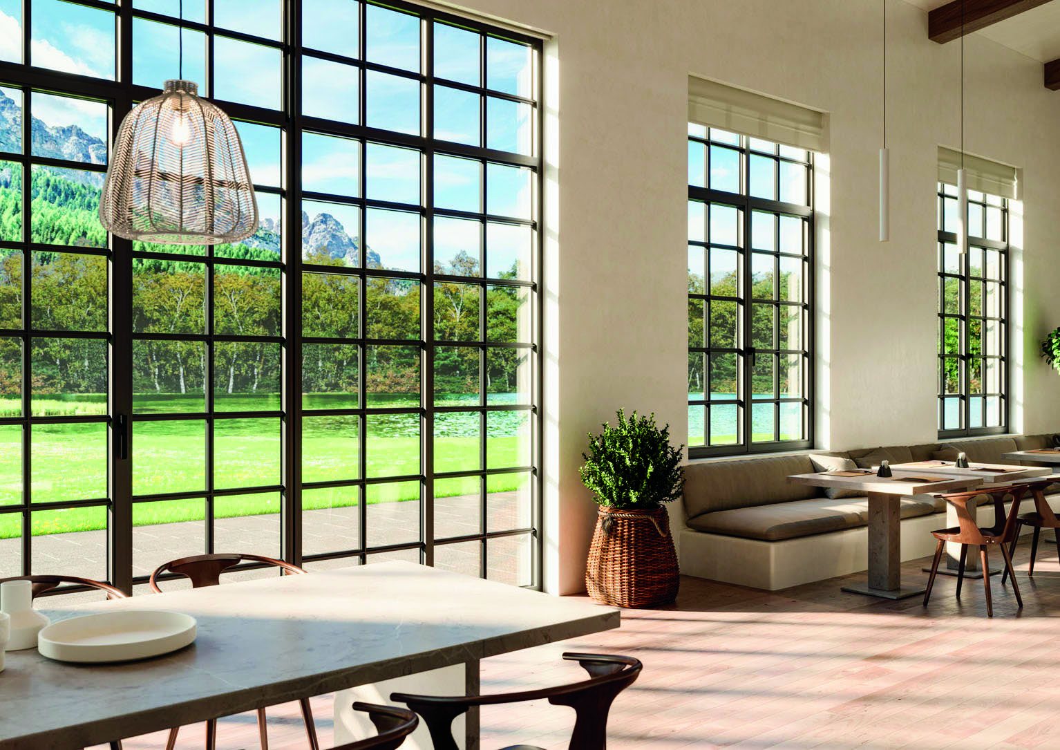 Double-height dining room with a steel-look black aluminum window grid onto a lawn